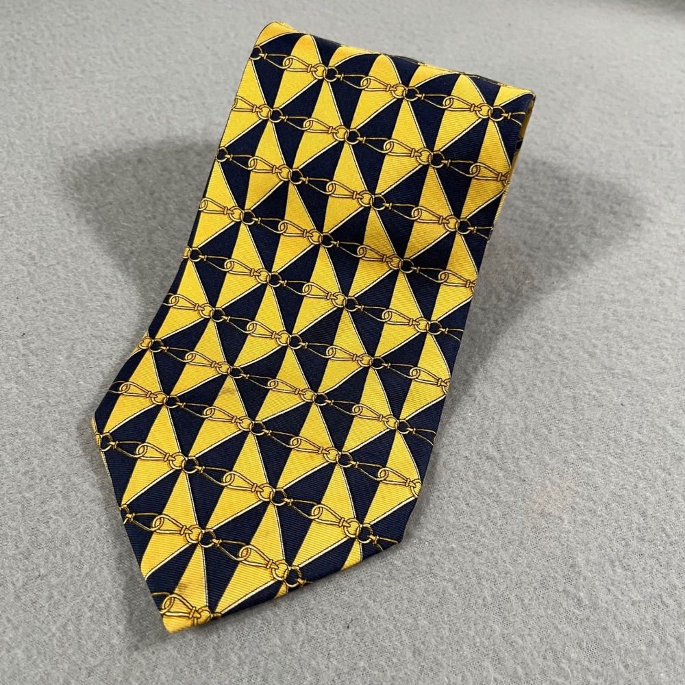 VTG Paolo Gucci 100% Silk Necktie navy Yellow‎ Chain Link Geometric Designer Men